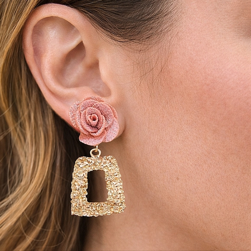 Gold Floral Rose Drop Earrings Textured Geometric Drop Statement Coquette 💖